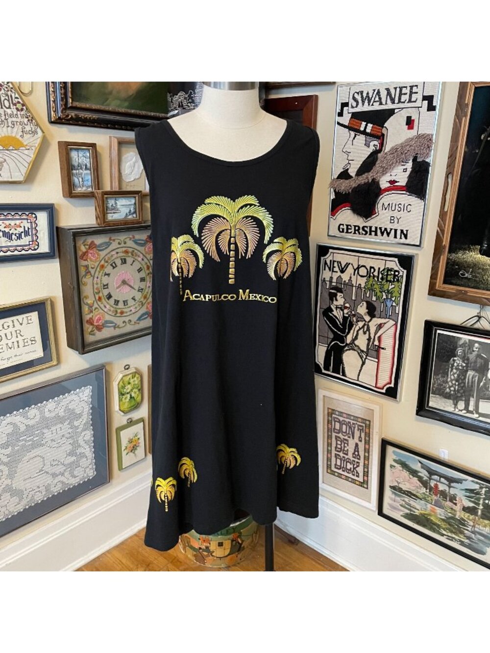Acapulco Mexico Souvenir Black $ Gold Cotton Blend Sleeveless Dress OSFM